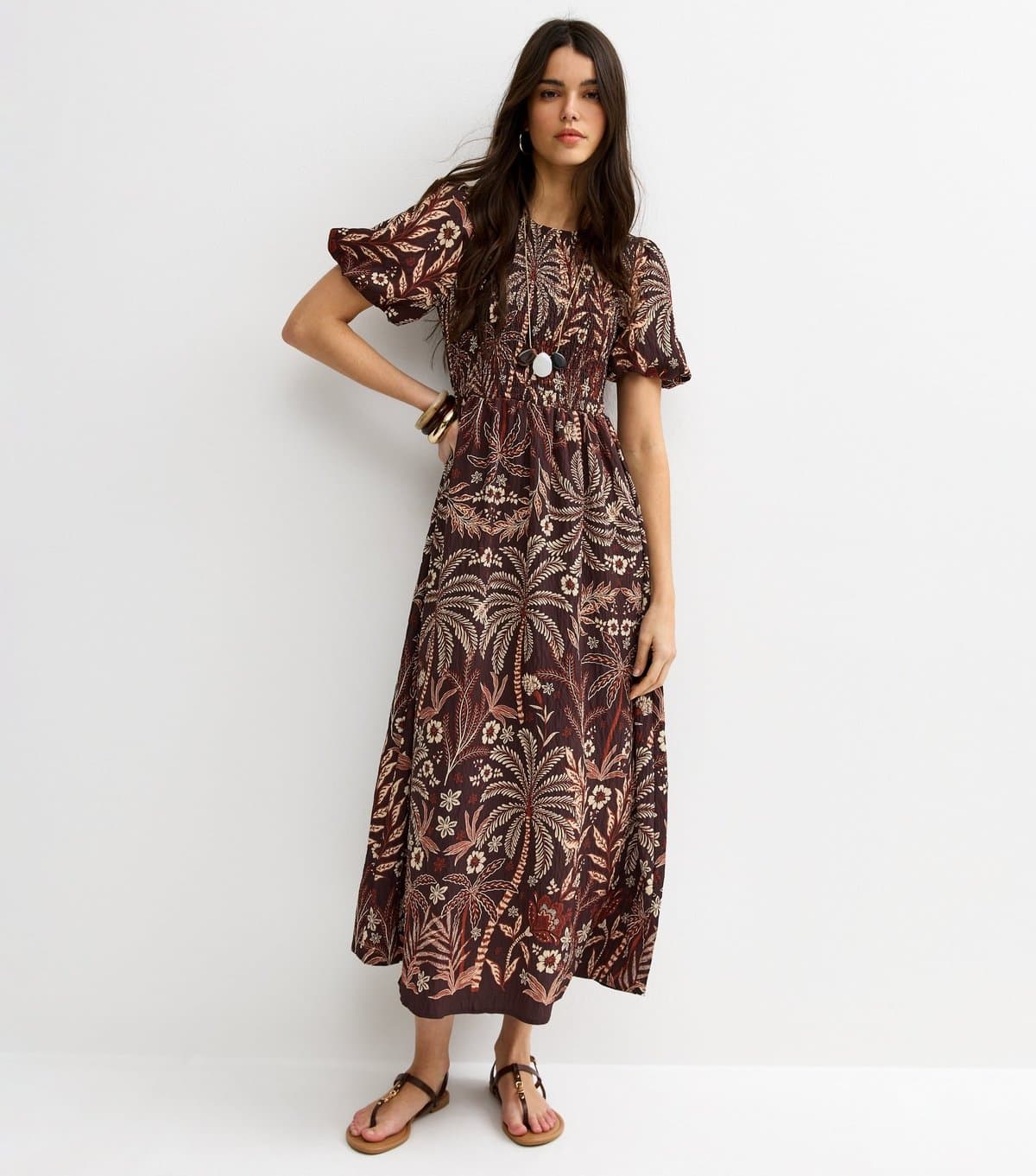 New Look Women's Brown Palm Tree Print Puff Sleeve Midi Dress New Look