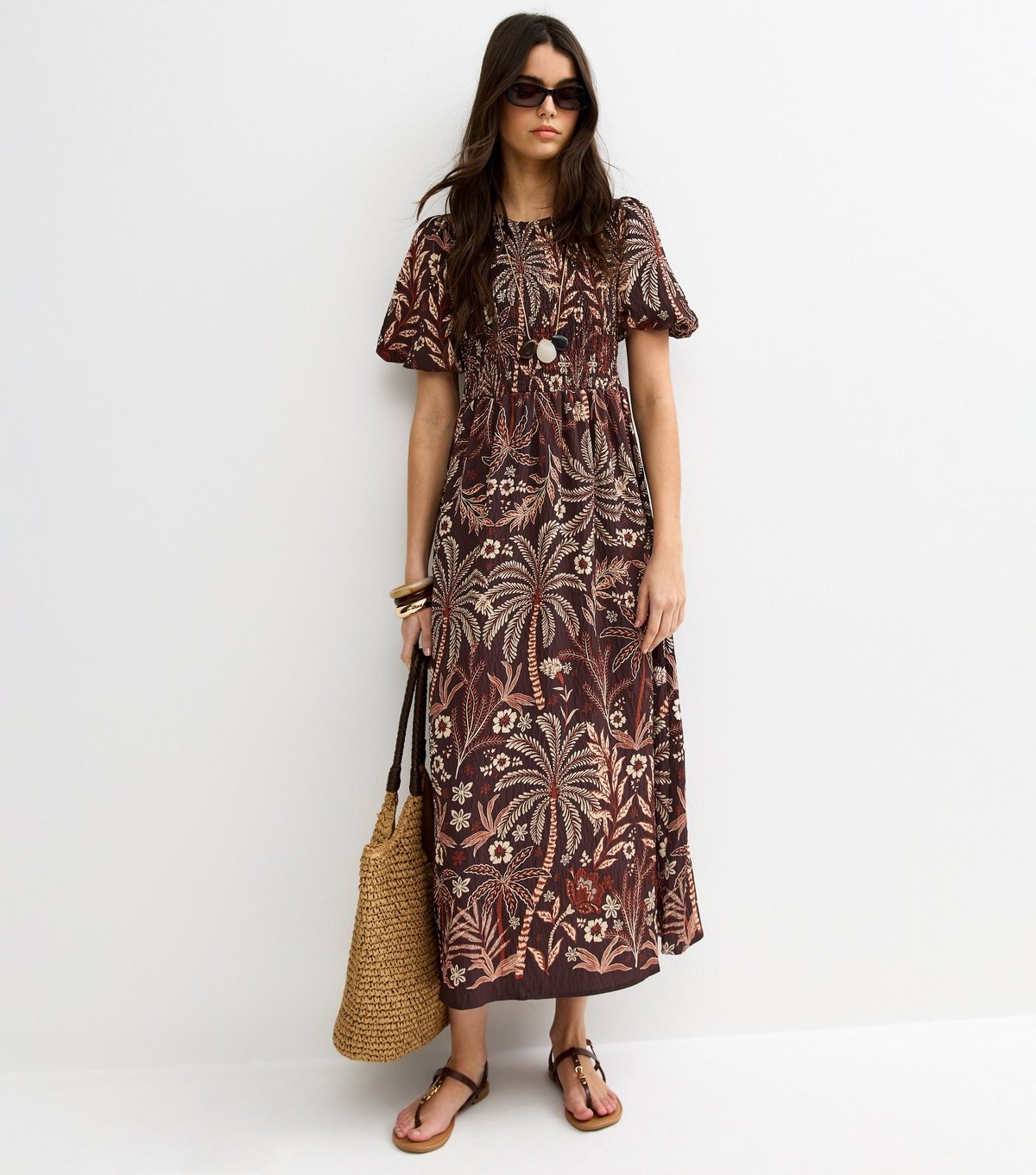 New Look Women's Brown Palm Tree Print Puff Sleeve Midi Dress New Look - 2