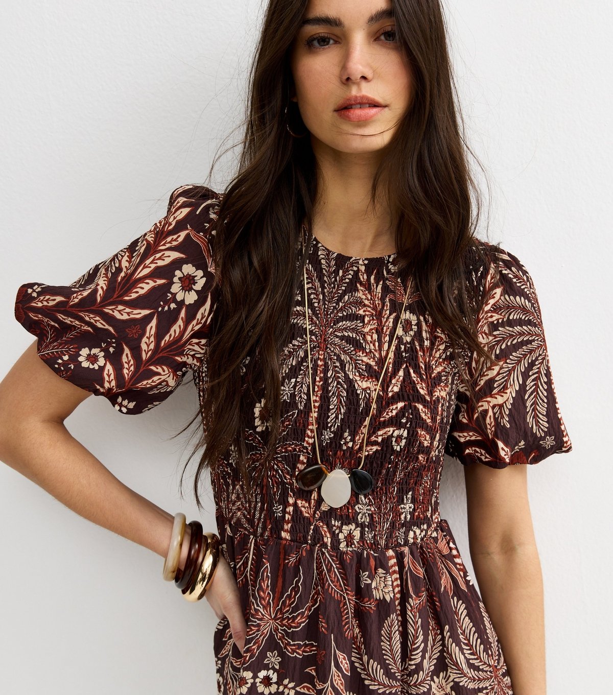 New Look Women's Brown Palm Tree Print Puff Sleeve Midi Dress New Look - 3