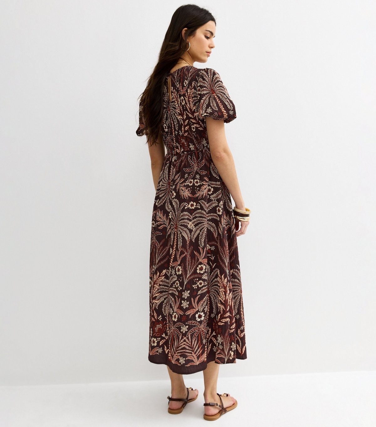 New Look Women's Brown Palm Tree Print Puff Sleeve Midi Dress New Look - 4