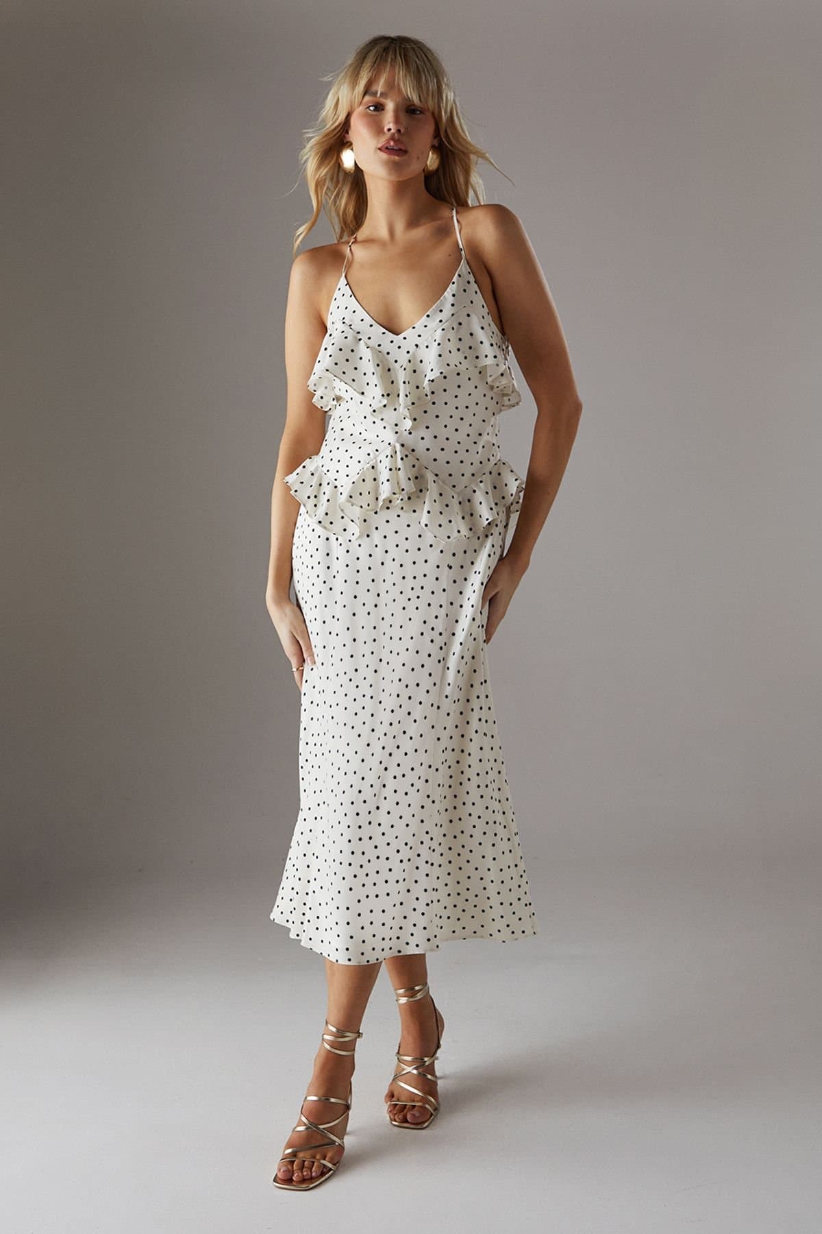 Warehouse Warehouse Women's Polka Dot Ruffle Detail Bias Satin Dress in Yellow