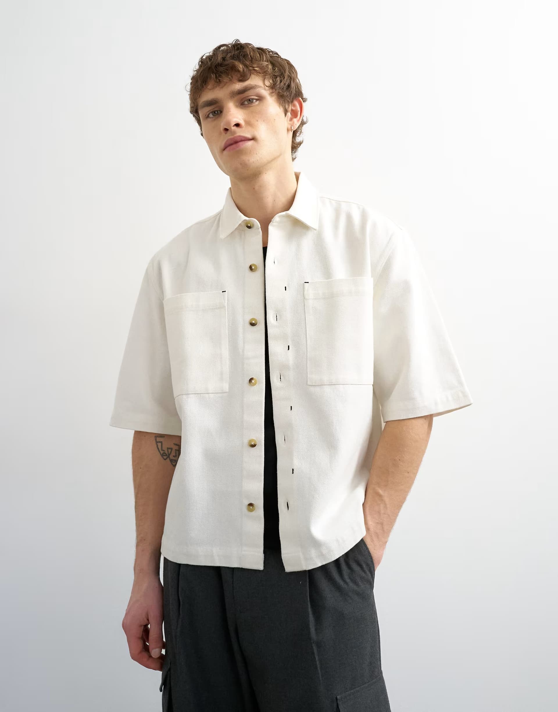 ASOS Topman relaxed fit short sleeve twill crop overshirt in contrast ecru