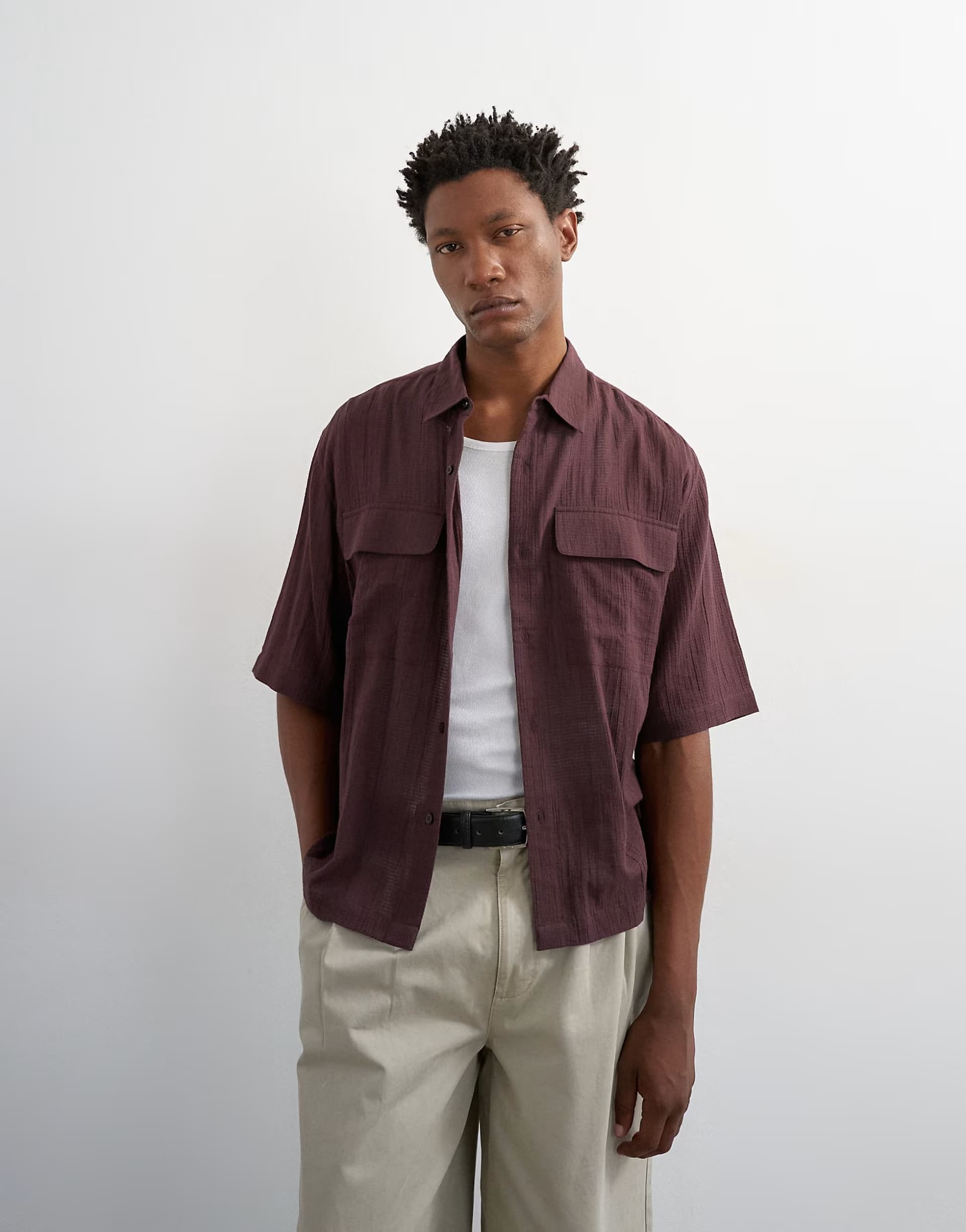 ASOS Topman relaxed fit crop sheer ripstop short sleeve shirt in brown