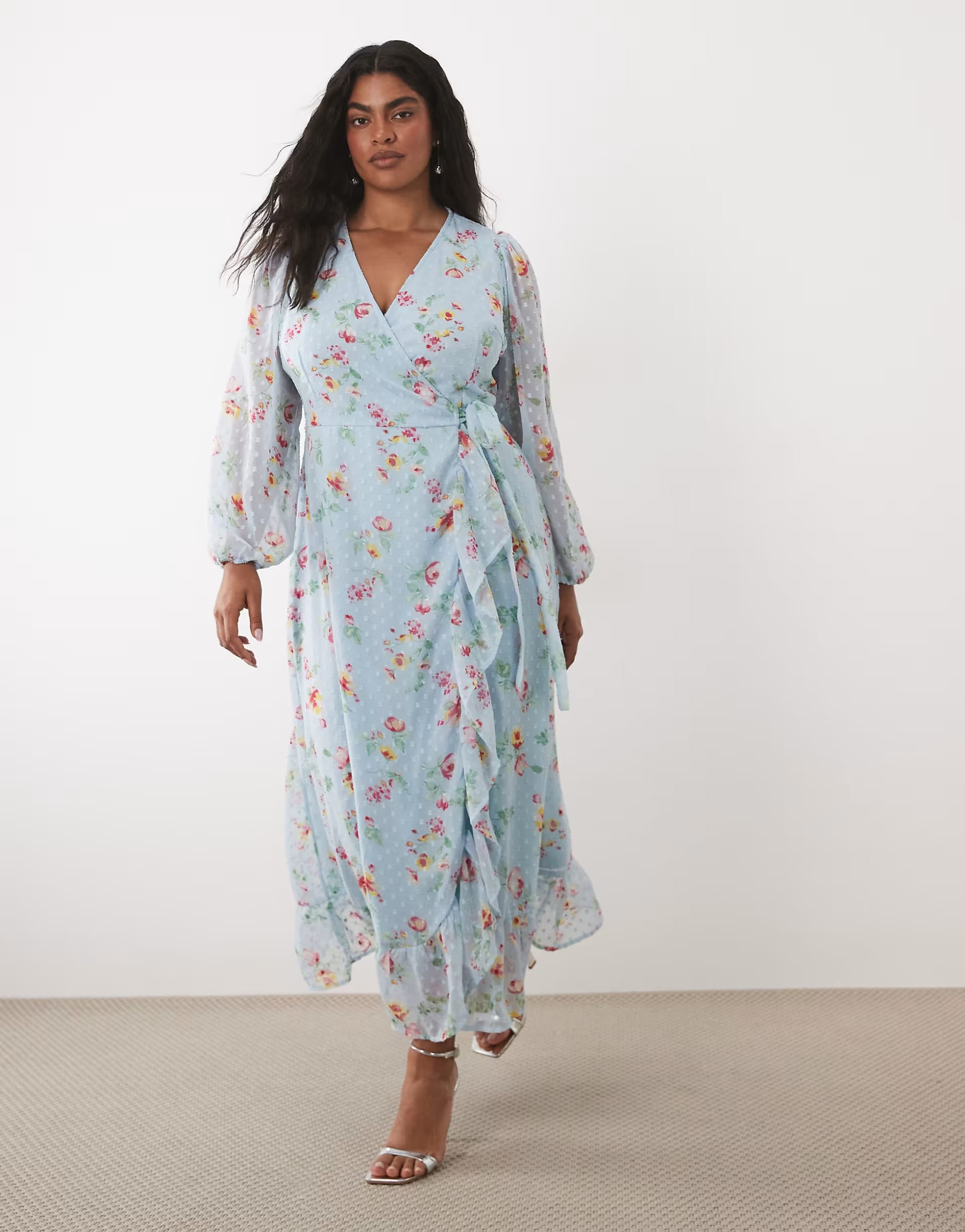 ASOS Vila Curve Light Blue Floral Wrap Maxi Dress