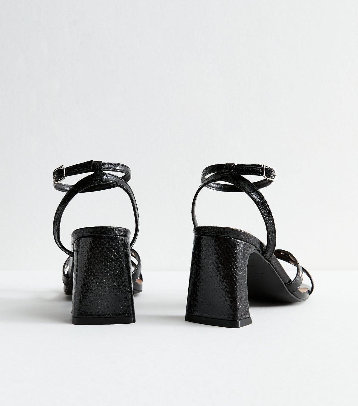 New Look Women's Black Textured Faux Leather Eyelet Detail Block Heel Sandals Vegan New Look - 4