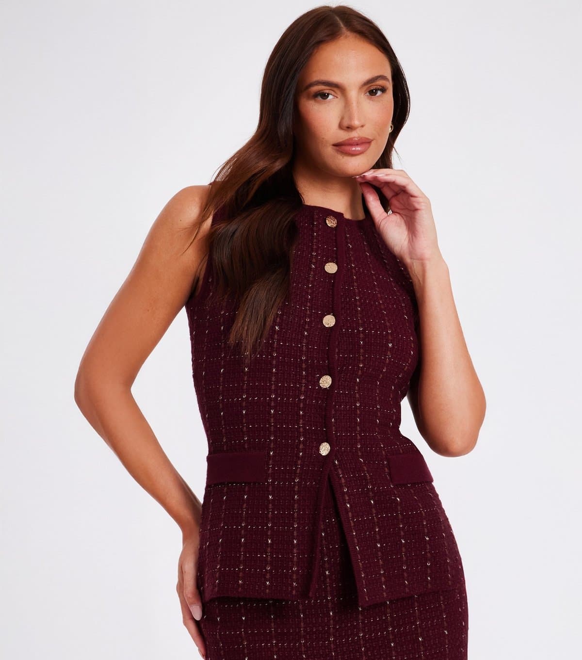 Quiz Women's Dark Burgundy Metallic Knit Waistcoat Quiz New Look