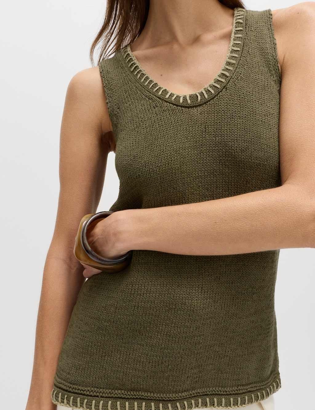 Marks & Spencer M&S Cotton Rich Textured Whipstitch Knitted Vest Dark Khaki