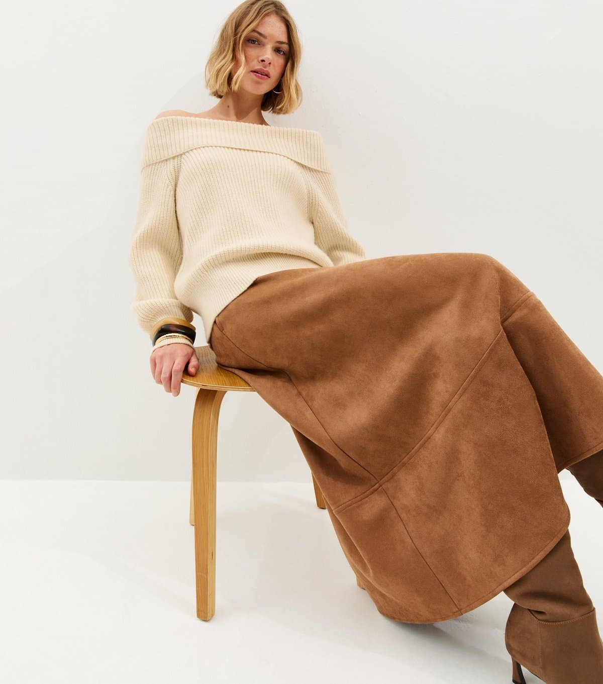 New Look Women's Cream Ribbed Bardot Knit Jumper New Look