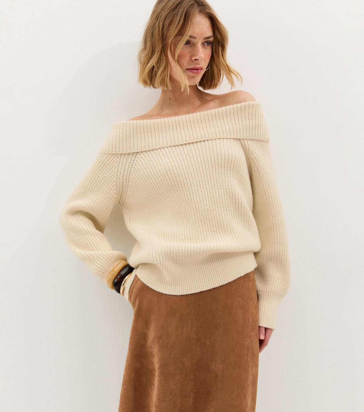 New Look Women's Cream Ribbed Bardot Knit Jumper New Look - 3