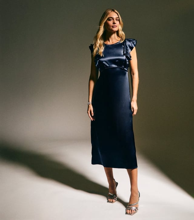 New Look Women's Navy Satin Ruffled Sleeve Midi Dress New Look - 2