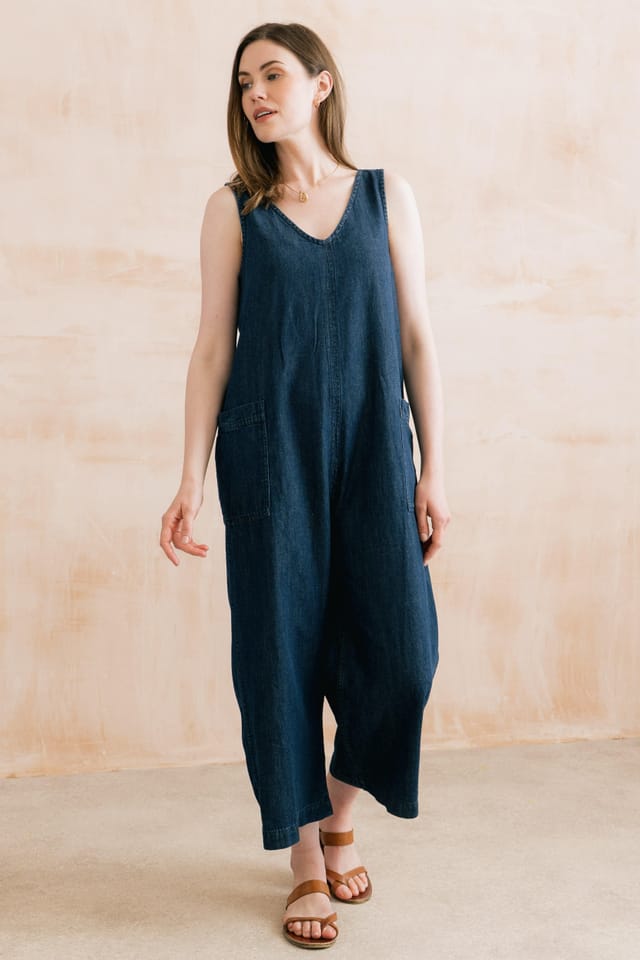 Lily & Me Lily & Me Women's Erica Relaxed Fit Beautifully Soft Wide Leg Jumpsuit with V-neckline in Blue - 3