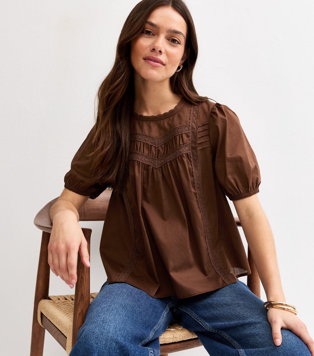 New Look Women's Petite Dark Brown Cotton Puff Sleeve Top New Look - 1