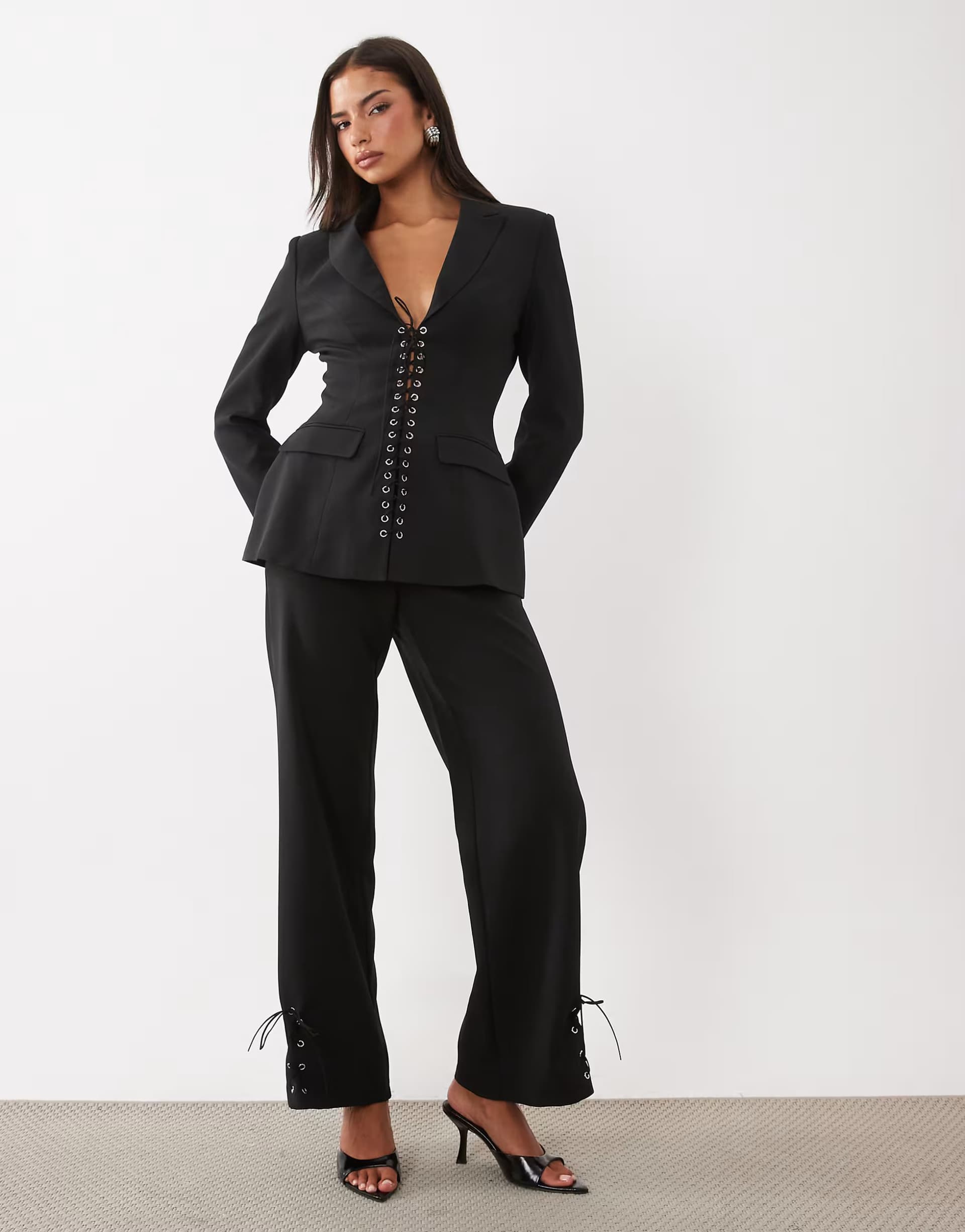 ASOS Kaiia exclusive eyelet detail lace up cinched waist blazer and trousers in black
