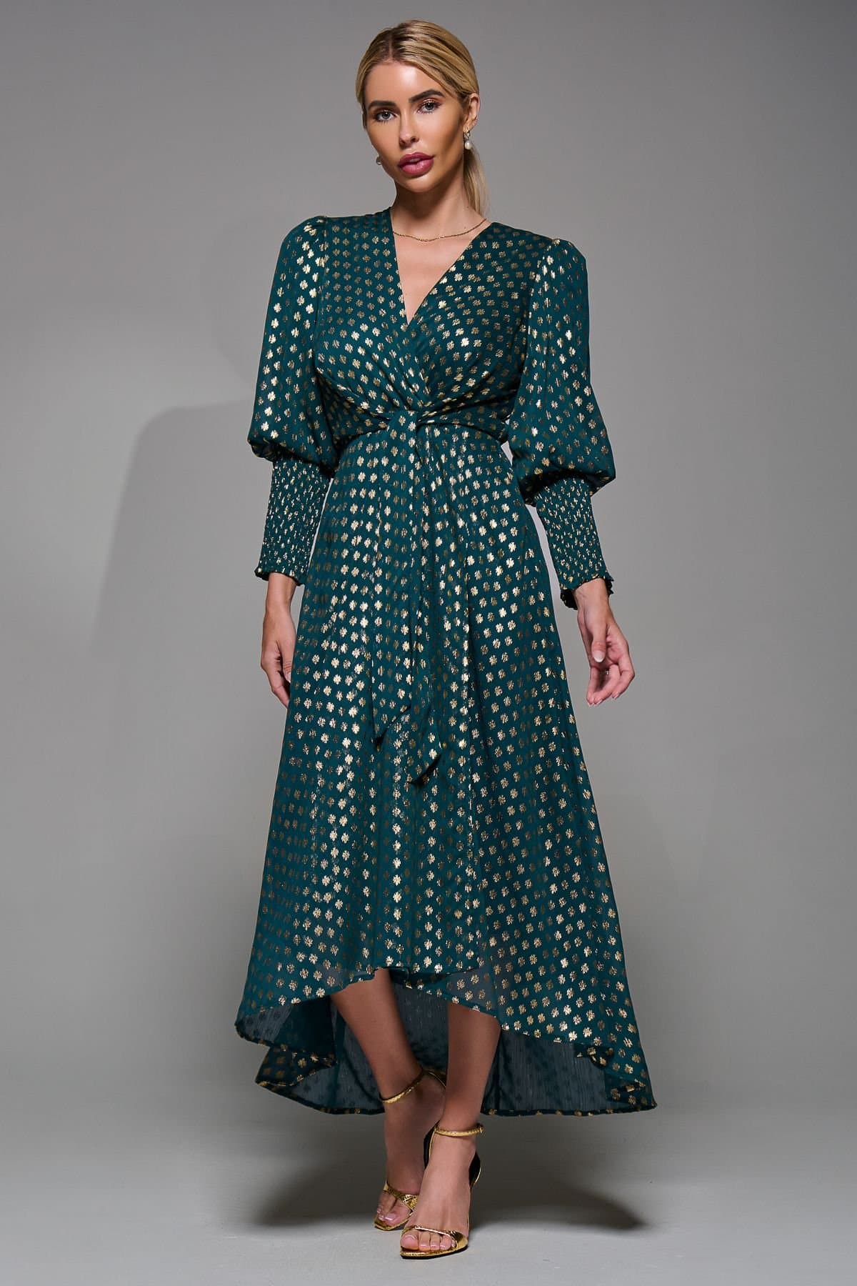 Jolie Moi Jolie Moi Women's Puff Sleeve Metalic Spot Print Dip Hem Midi Dress in Dark Green