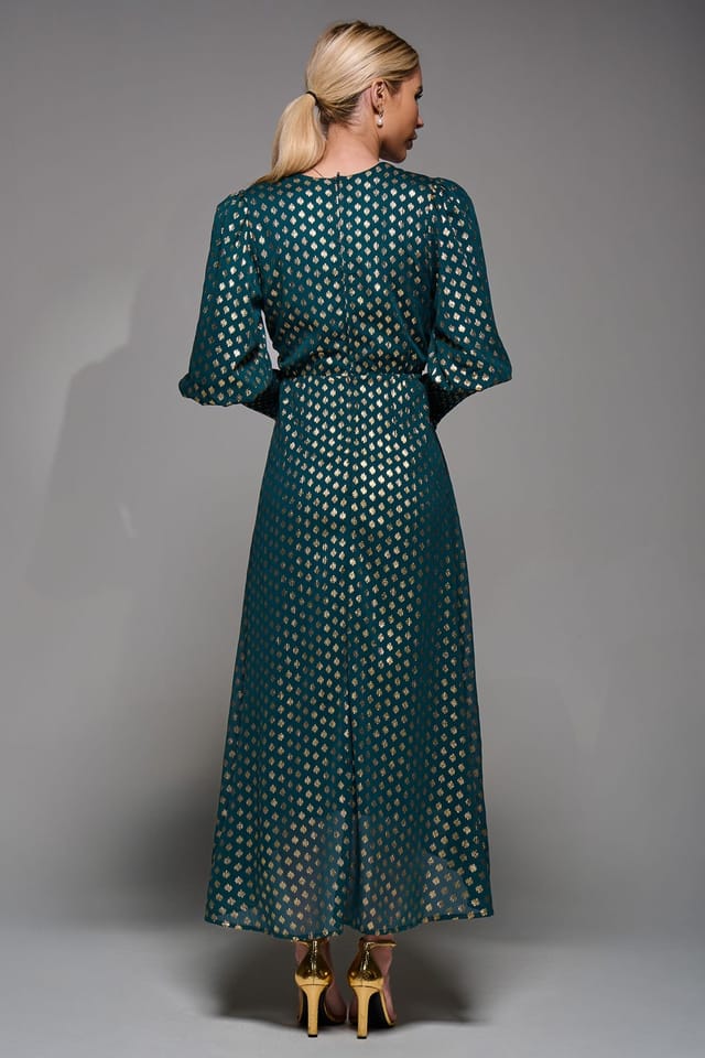 Jolie Moi Jolie Moi Women's Puff Sleeve Metalic Spot Print Dip Hem Midi Dress in Dark Green - 2