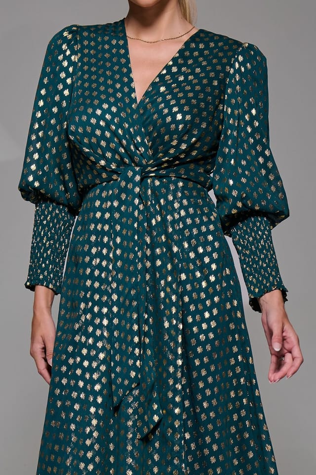 Jolie Moi Jolie Moi Women's Puff Sleeve Metalic Spot Print Dip Hem Midi Dress in Dark Green - 3