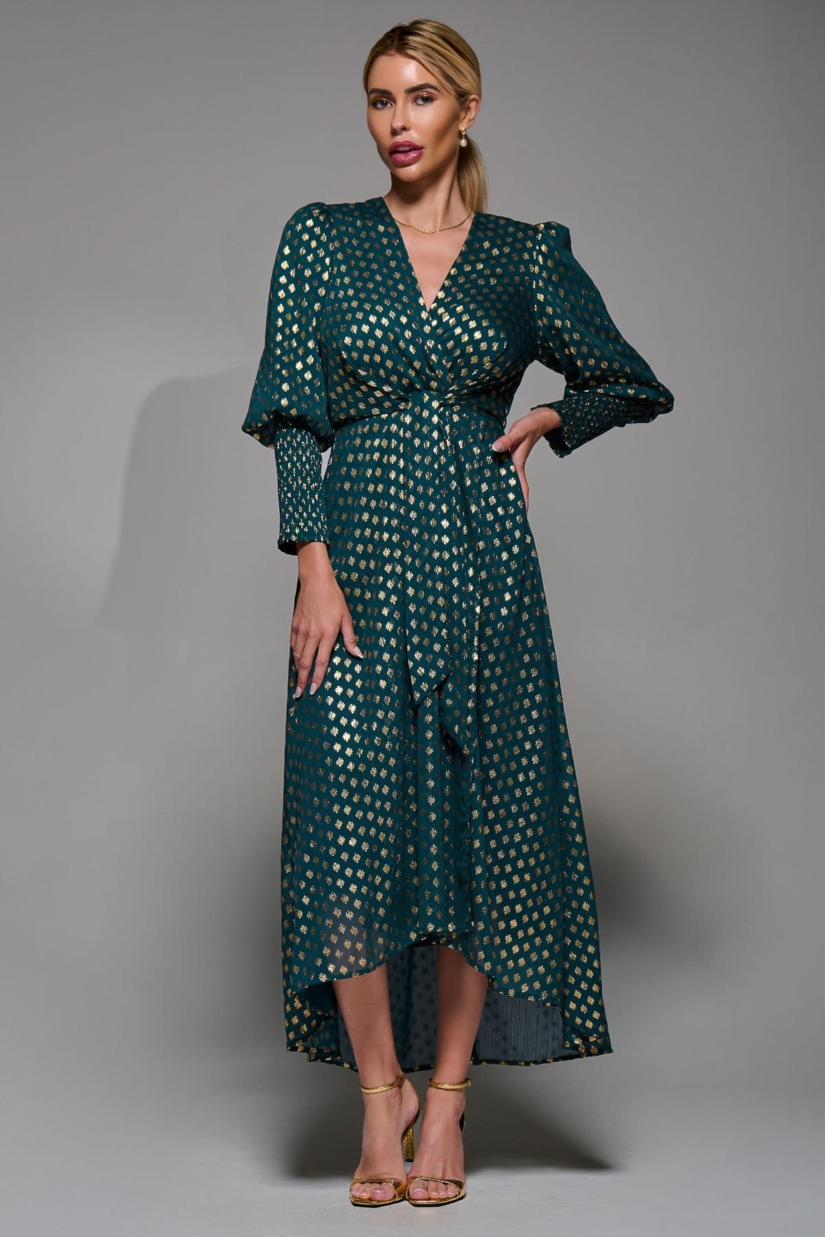 Jolie Moi Jolie Moi Women's Puff Sleeve Metalic Spot Print Dip Hem Midi Dress in Dark Green - 4