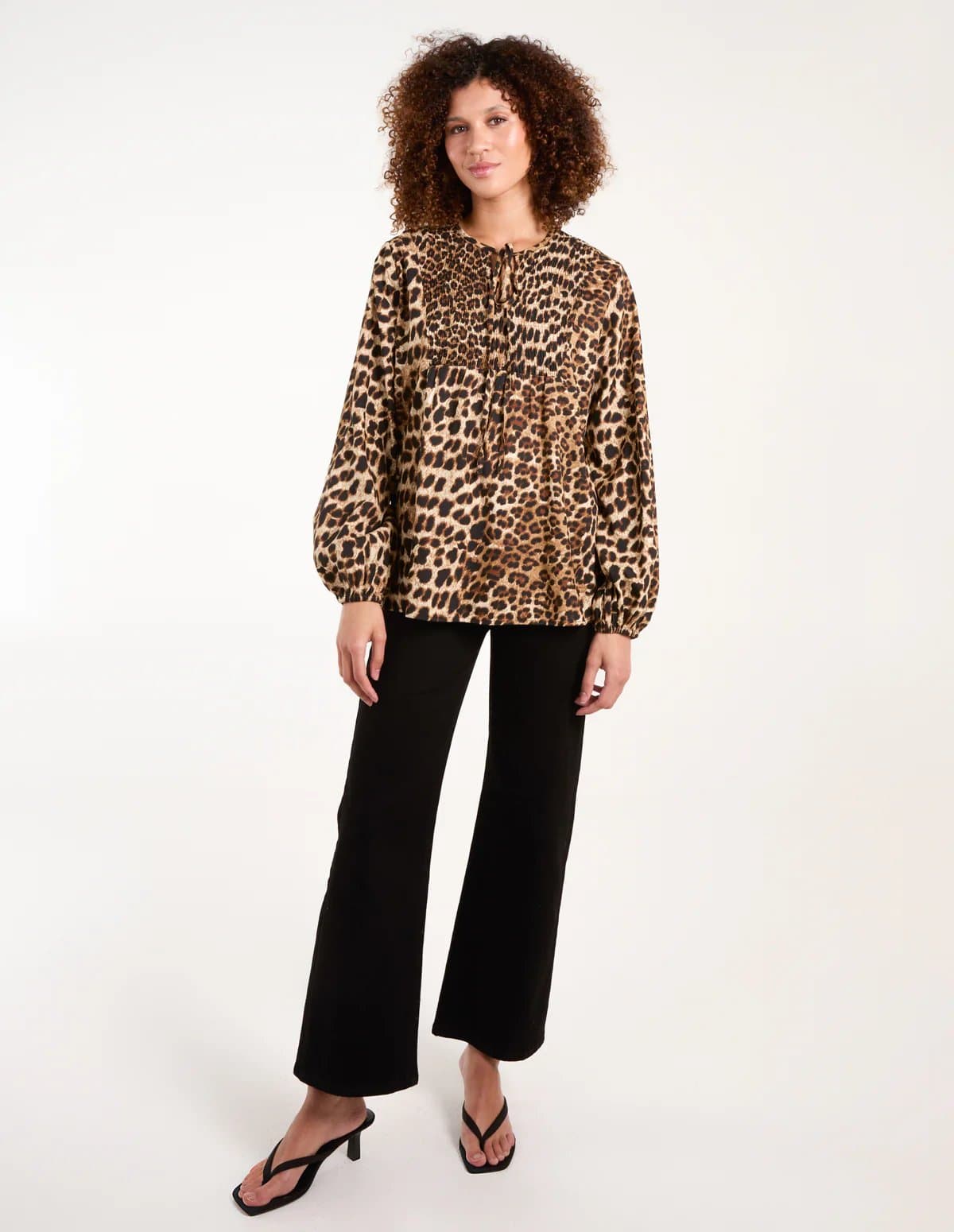 Blue Vanilla Leopard Print Shirred Front Tie Neck Blouse