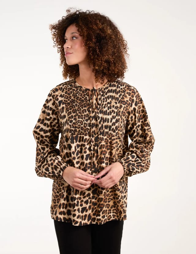 Blue Vanilla Leopard Print Shirred Front Tie Neck Blouse - 2