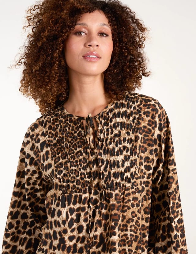 Blue Vanilla Leopard Print Shirred Front Tie Neck Blouse - 3