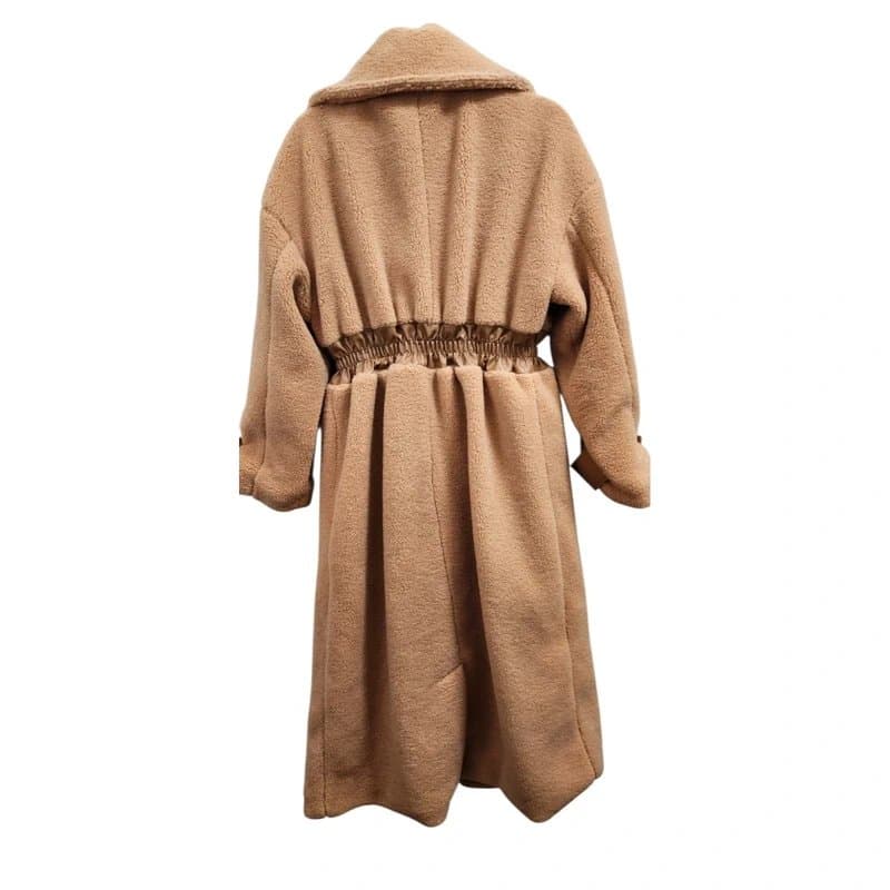 Asos luxe Asos Luxe Teddy Faux Fur Long Coat Camel Beige Gathered Waist Oversized US 6