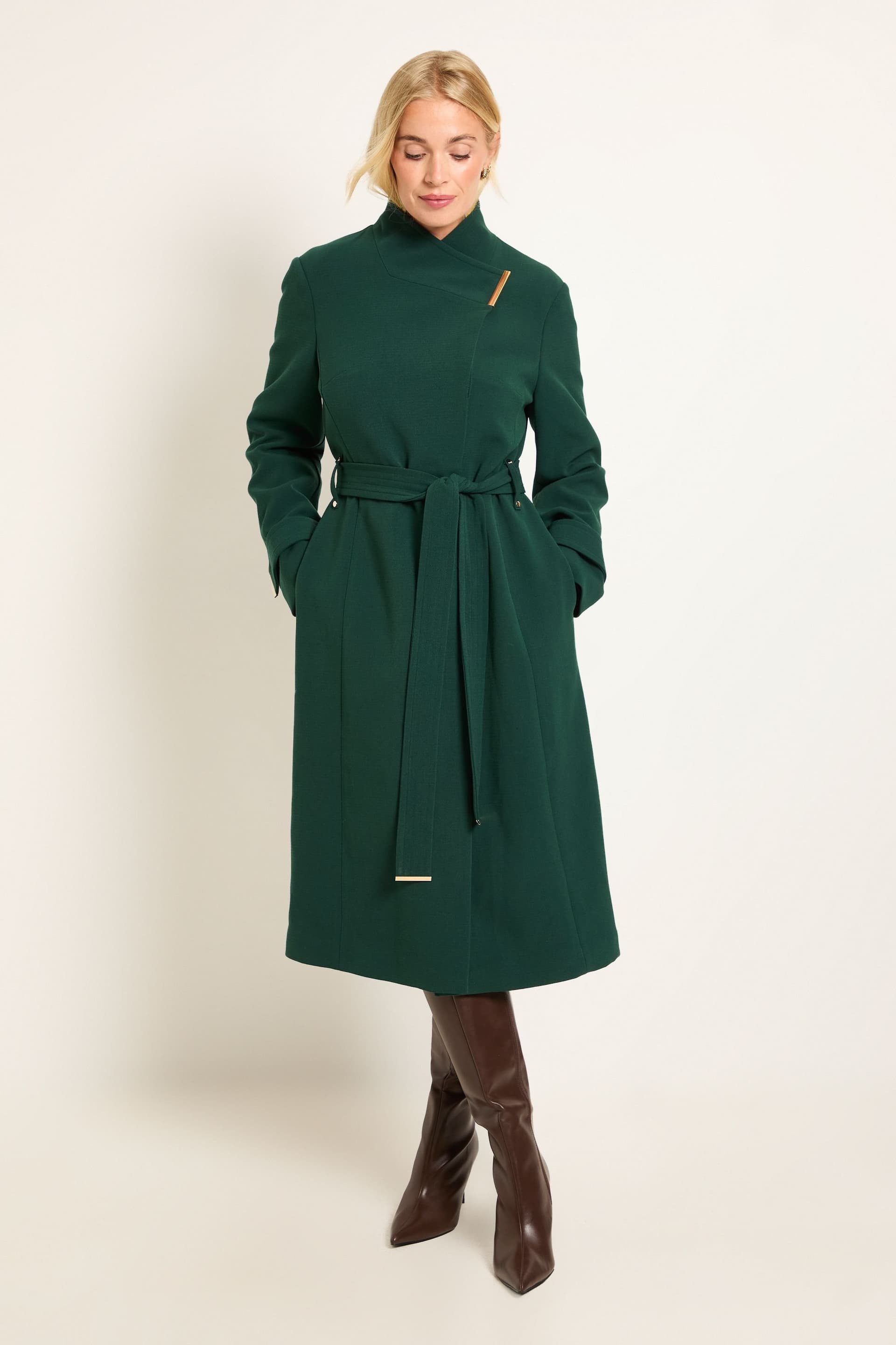 Wallis Wallis Women's Petite Double Crepe Wrap Belted Coat in Green