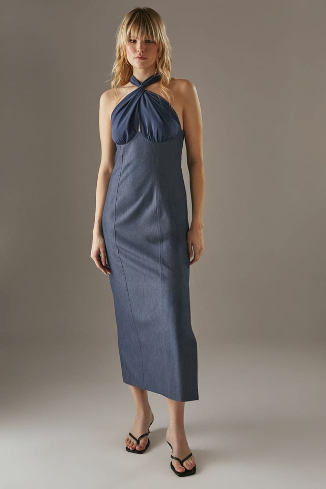Warehouse Warehouse Women's Cross Front Georgette & Marl Suiting Midi Dress in Dark Blue - 2