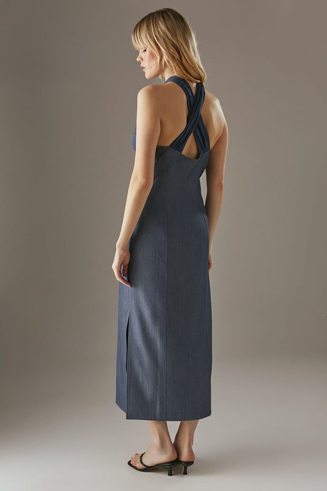 Warehouse Warehouse Women's Cross Front Georgette & Marl Suiting Midi Dress in Dark Blue - 3