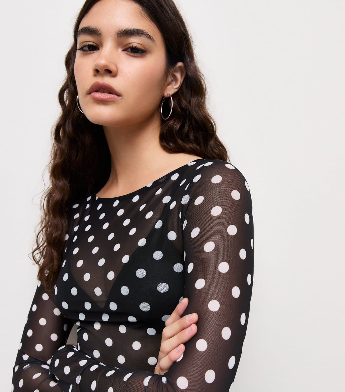 New Look Women's Black Mesh Polka Dot Long Sleeve Top New Look