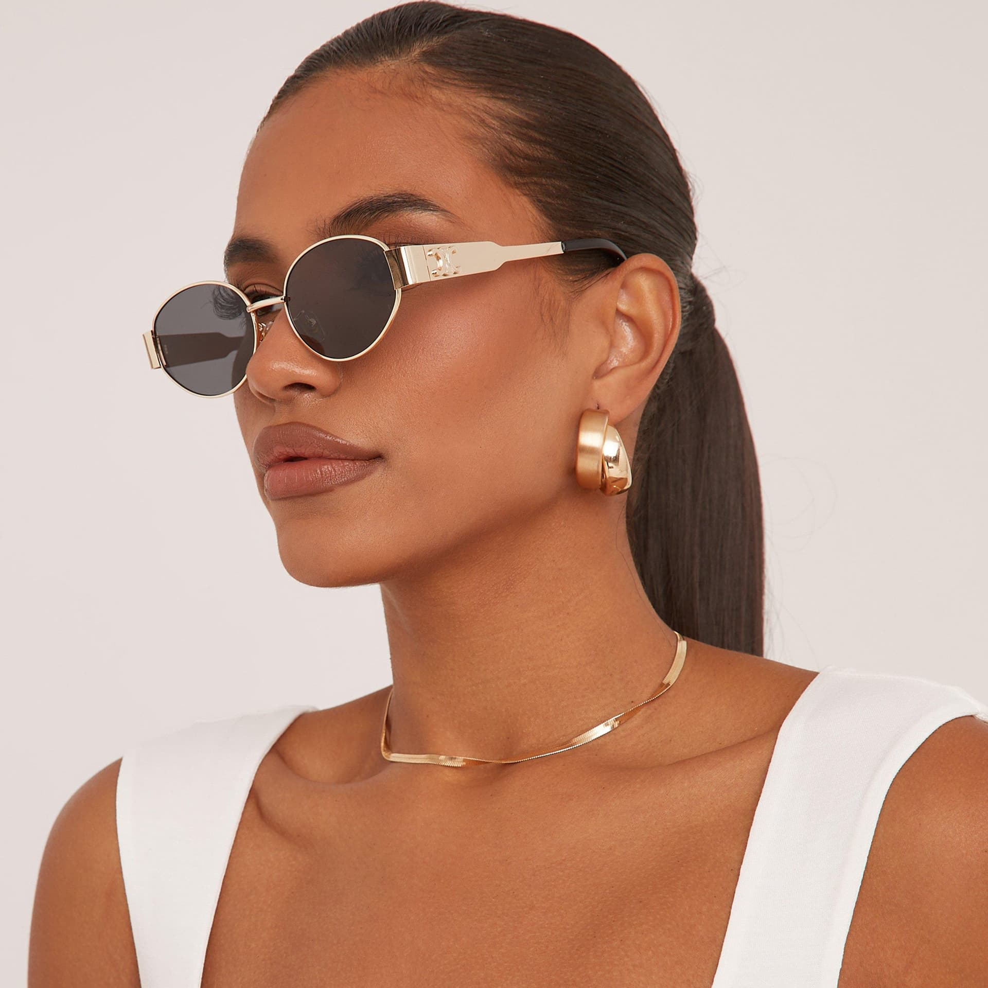 EGO EGO Gold Oval Cateye Shape Side Detail Metal Frame Sunglasses