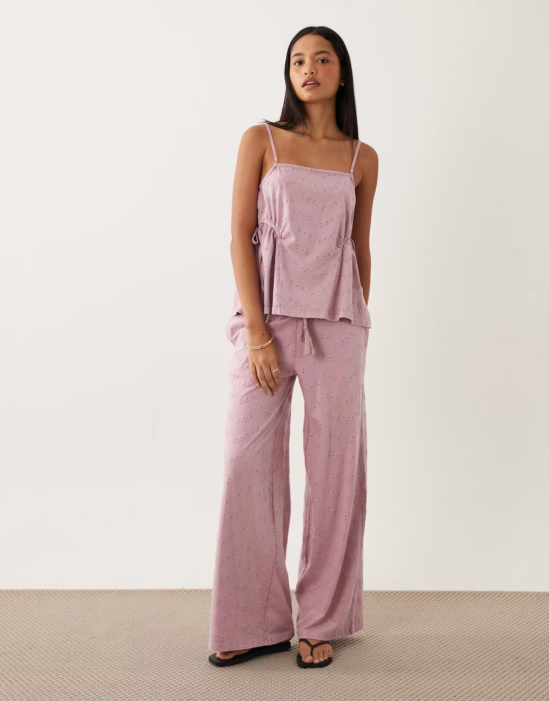 ASOS ASOS DESIGN wide leg drawcord tassel detail jersey broderie co-ord trouser in washed lilac