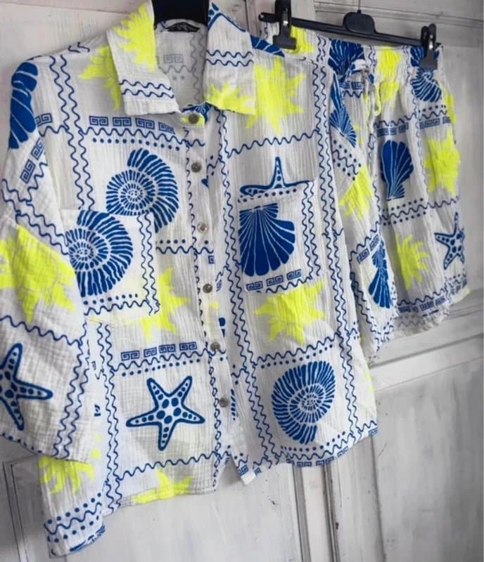 ITALIAN BRAND Italian cheese cloth shirt and shorts co ord blue shell 100% cotton one size