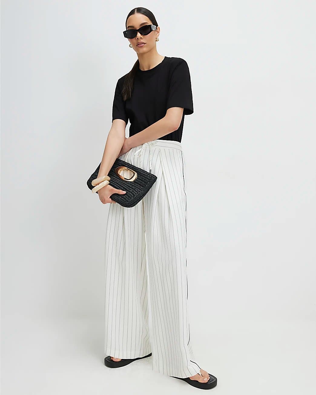 River Island River Island Womens White Pleat Detail Stripe Wide Leg Trousers