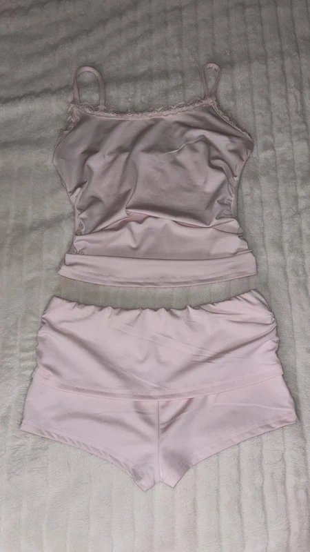 Pink 2000s Baby pink cami top with lace frill and mini micro shorts co ord set - 1