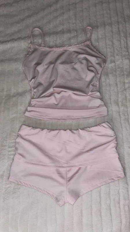 Pink 2000s Baby pink cami top with lace frill and mini micro shorts co ord set