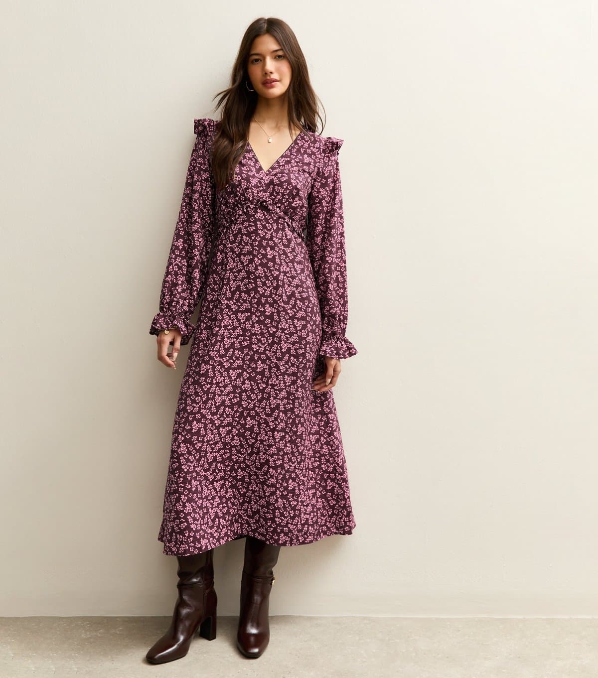 New Look Women's Dark Red Floral Frill Trim Mid Dress New Look