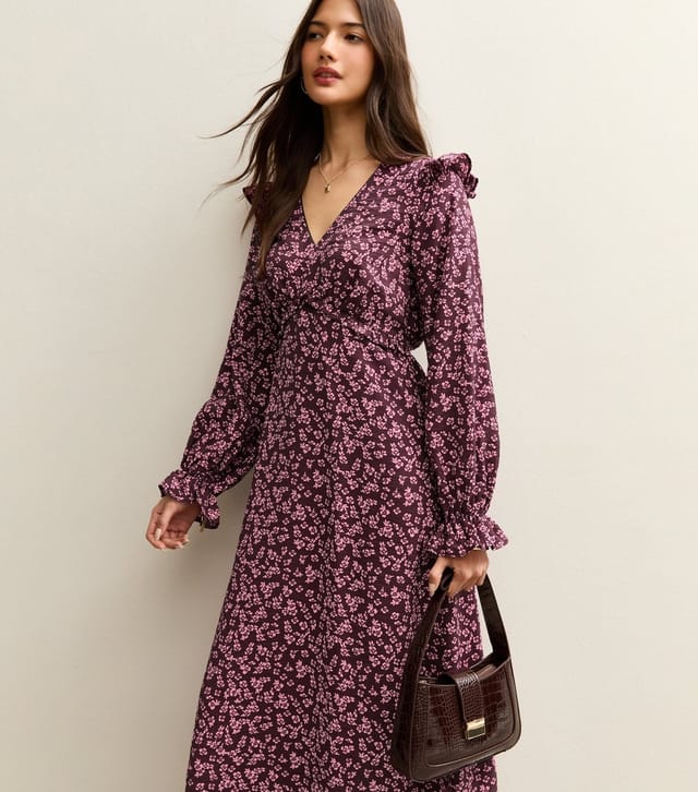 New Look Women's Dark Red Floral Frill Trim Mid Dress New Look - 2