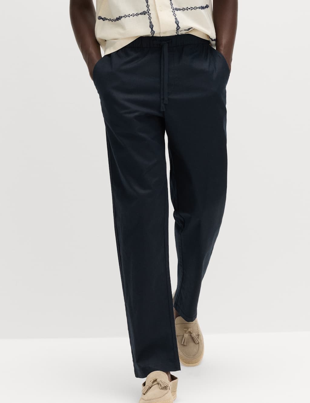 Marks & Spencer M&S Loose Fit Linen Blend Elasticated Waist Trousers Navy