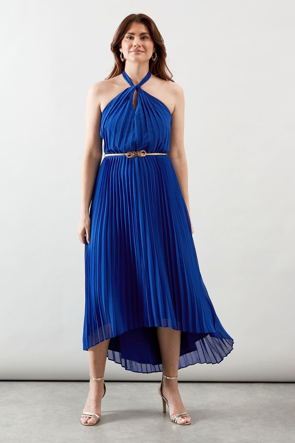 Wallis Wallis Women's Pleated Halterneck Chiffon Midi Dress in Cobalt