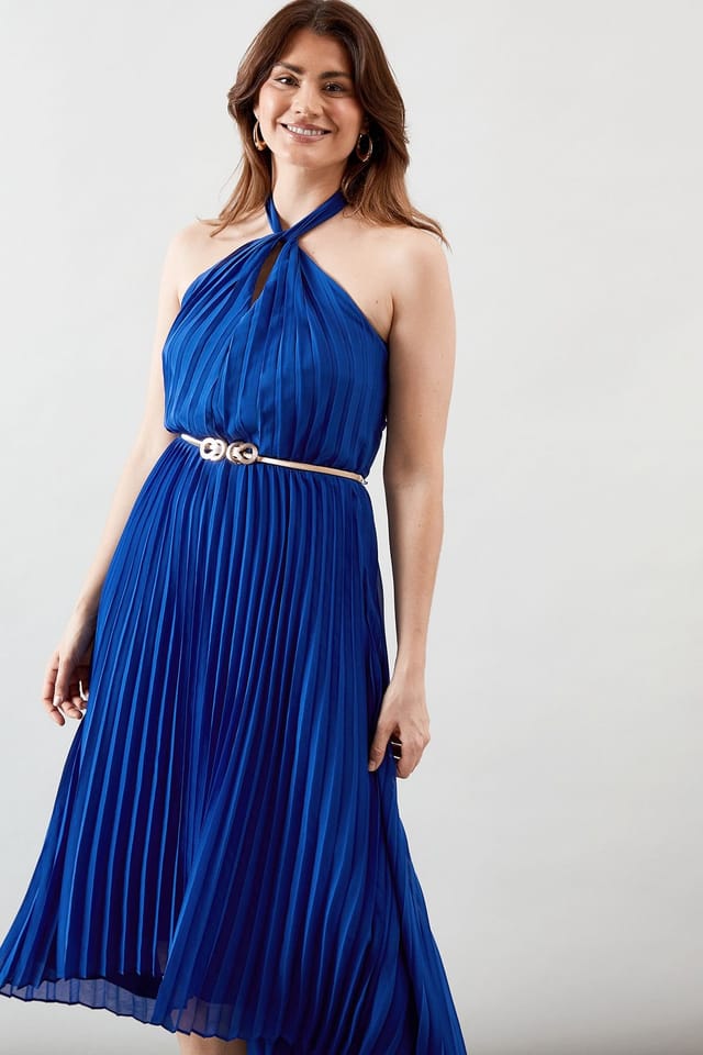 Wallis Wallis Women's Pleated Halterneck Chiffon Midi Dress in Cobalt - 2