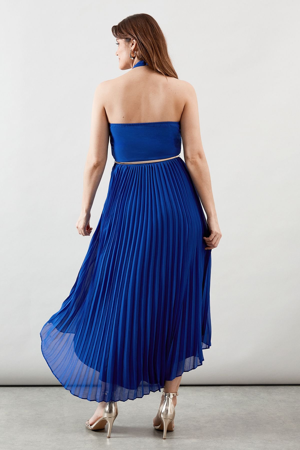 Wallis Wallis Women's Pleated Halterneck Chiffon Midi Dress in Cobalt - 3