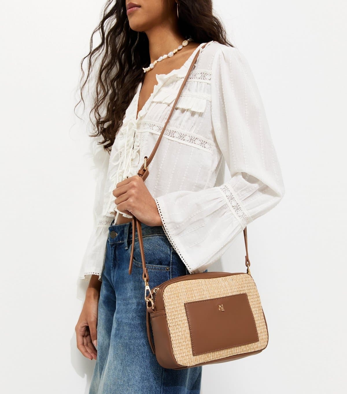 New Look Stone Woven Patch Pocket Crossbody Bag New Look