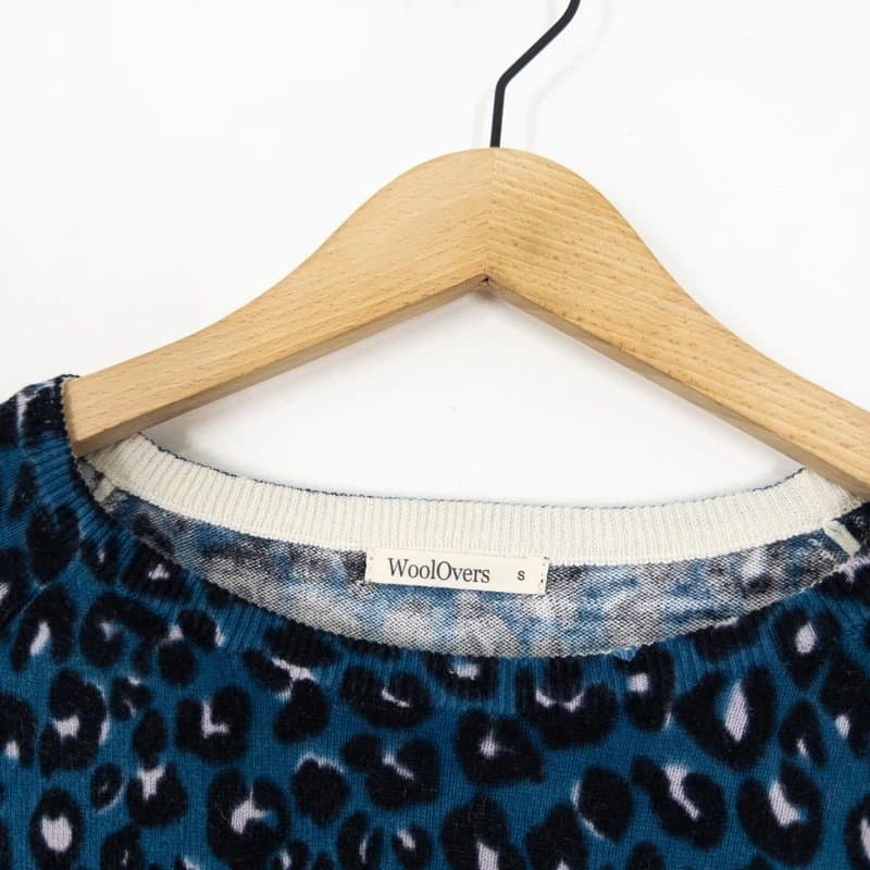 WoolOvers Woolovers Blue Leopard Jumper Size S 8 10 Teal Cotton Wool Blend Knit