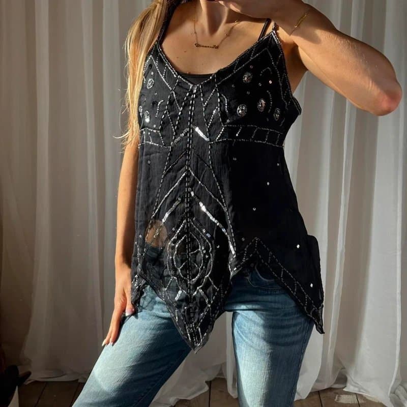 mk one Y2K Black sequin beaded cami asymmetrical fairy hem