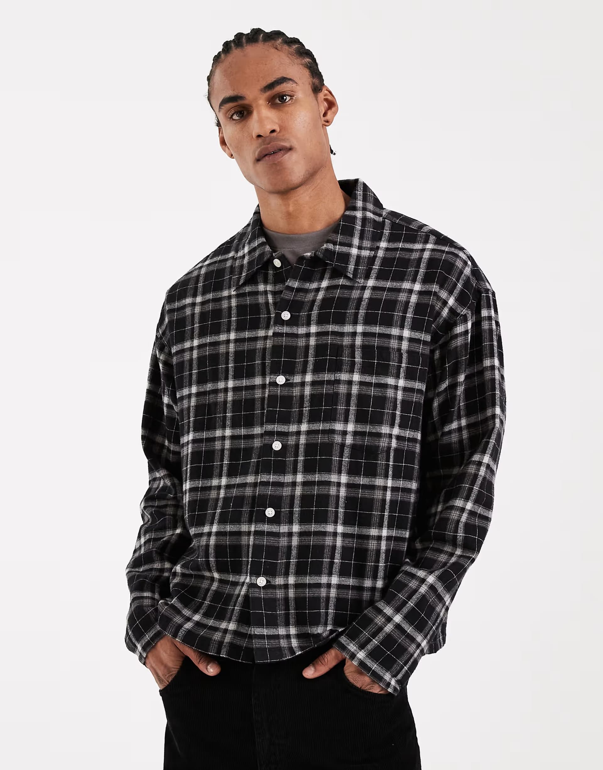 ASOS Jack & Jones boxy long sleeve shirt in black check
