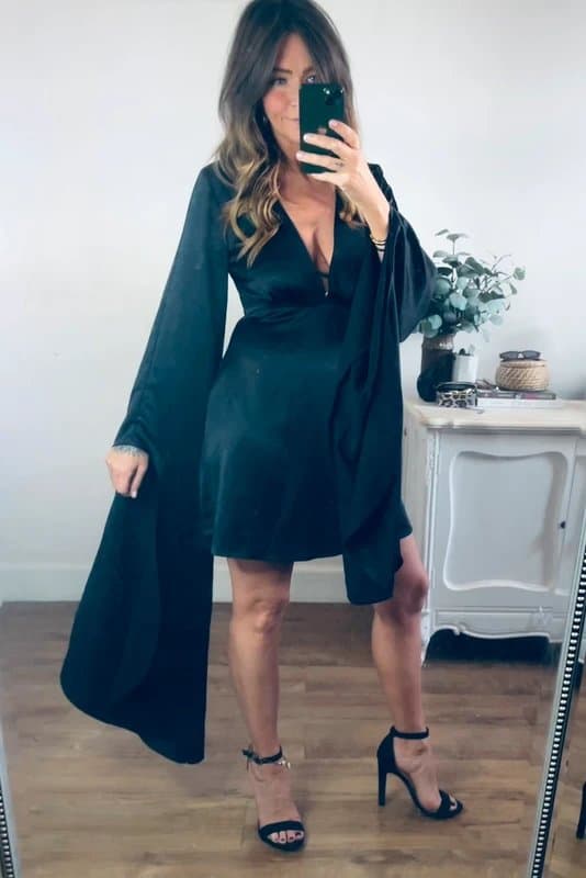 Never Fully Dressed Never fully dressed black satin extra long boho 70’s style sleeves mini dress size 10