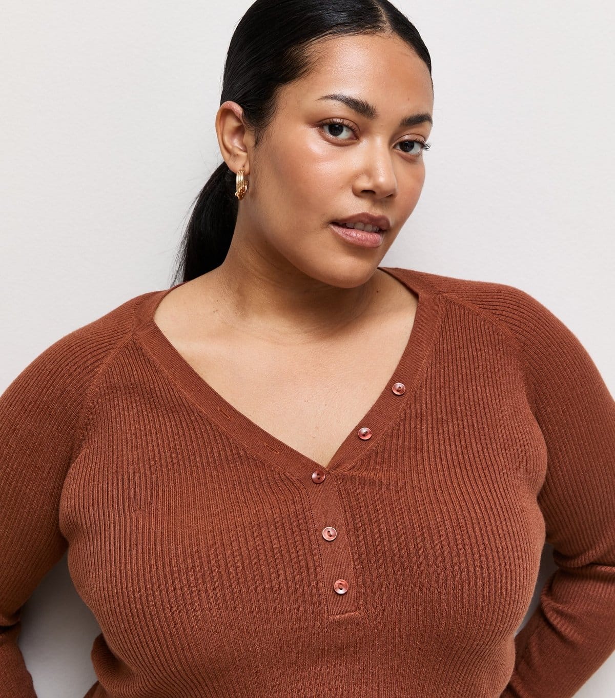 New Look Plus Size Rust Lightweight Rib Henley Top