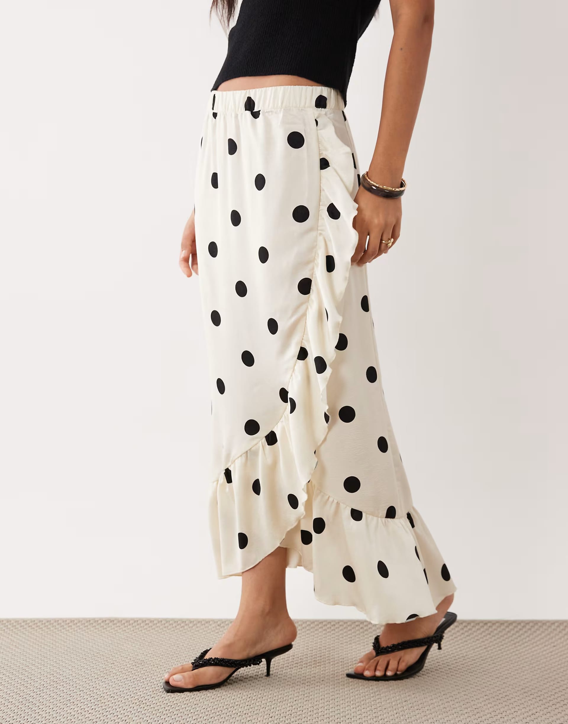 Vila Cream and Black Polka Dot Frill Trim Satin Maxi Skirt