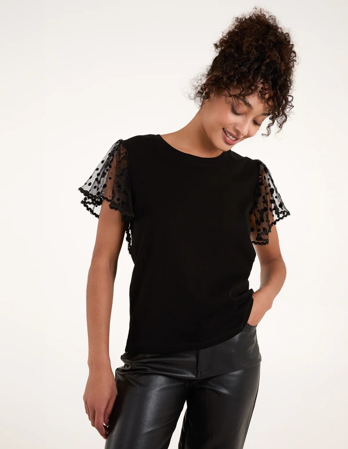 Blue Vanilla Polka Dot Mesh Sleeve T-shirt