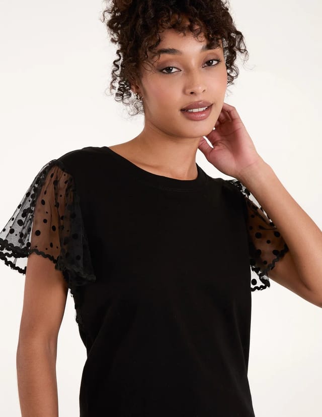 Blue Vanilla Polka Dot Mesh Sleeve T-shirt - 3